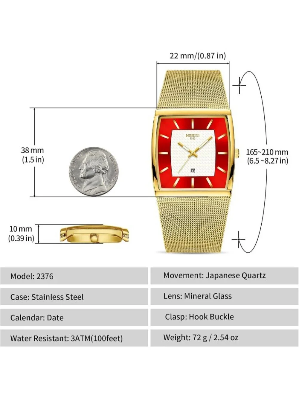Nibosi Men's Gold Red Square Analog Quartz Stainless Mesh Strap Waterproof Watch